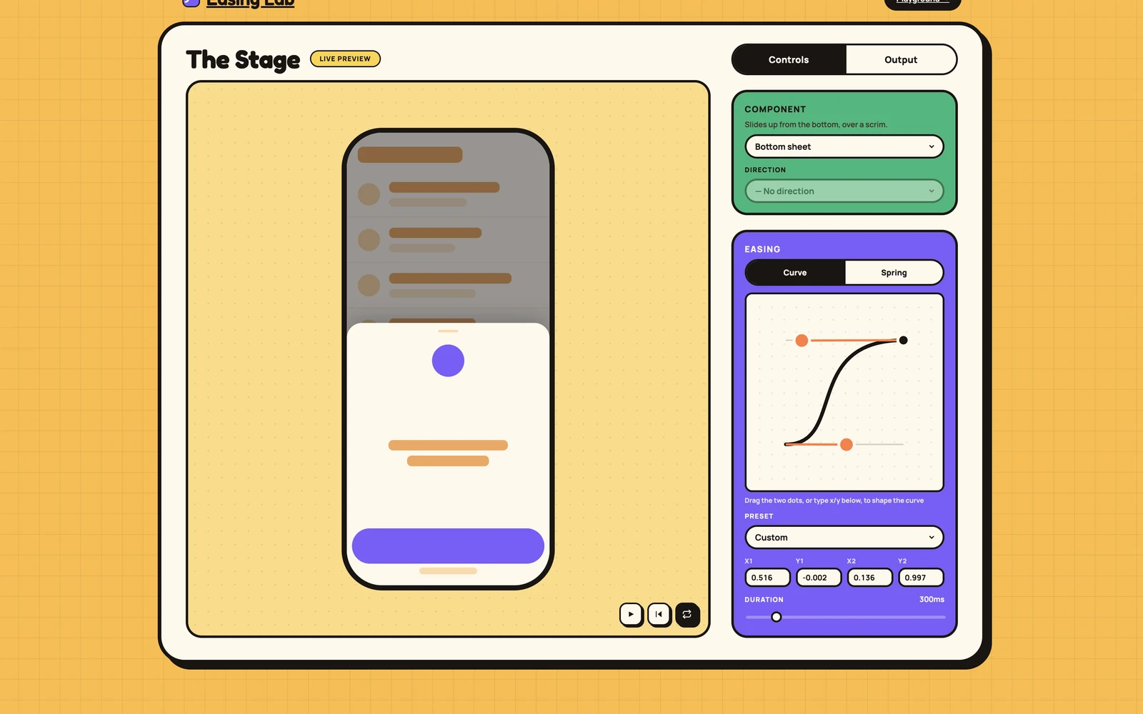 The Easing Lab: a bottom sheet paused mid-rise on a custom overshoot curve, next to the Controls panel and its bezier editor
