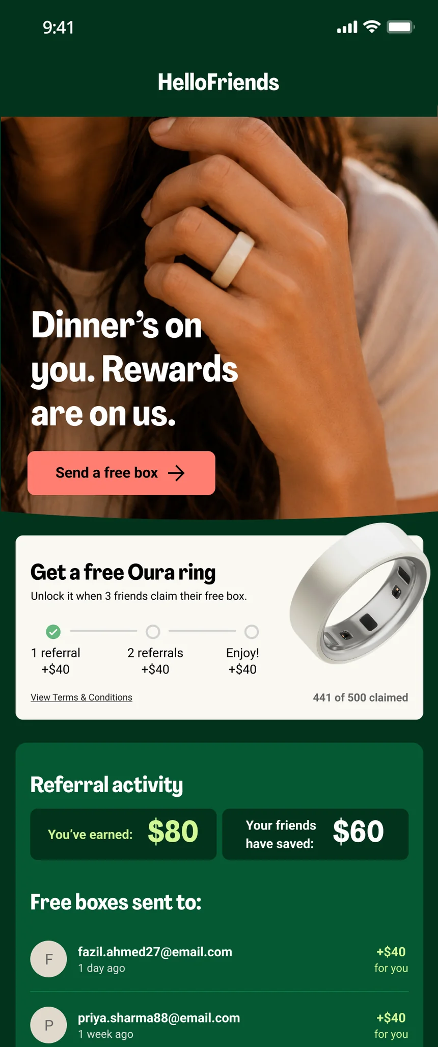 The referral page as it shipped: Dinner&rsquo;s on you, rewards are on us, with a Send a free box button, a free Oura ring unlocked when three friends claim, and a referral activity panel listing the friends already sent a box