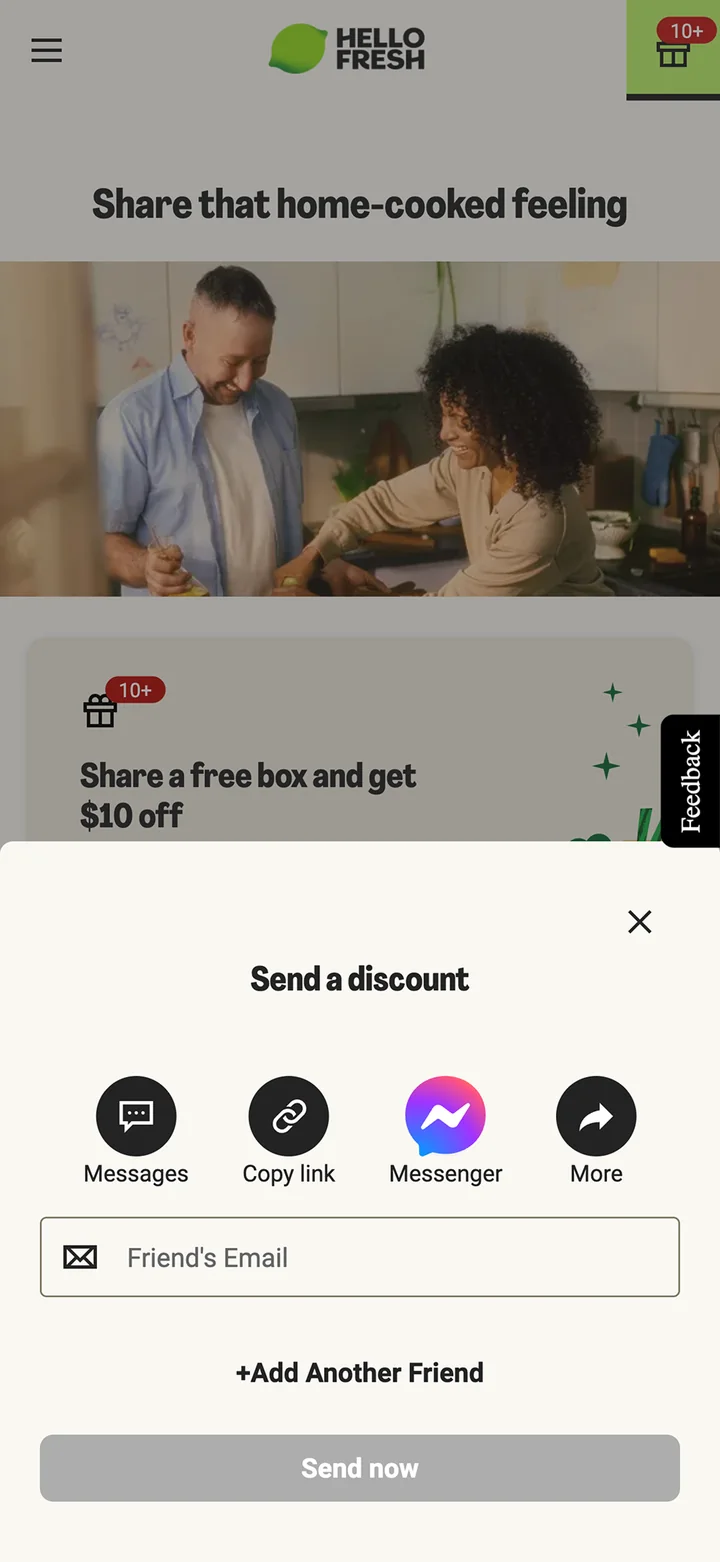 The old share sheet, titled Send a discount, with Messages, Copy link and Messenger and a field for a friend's email
