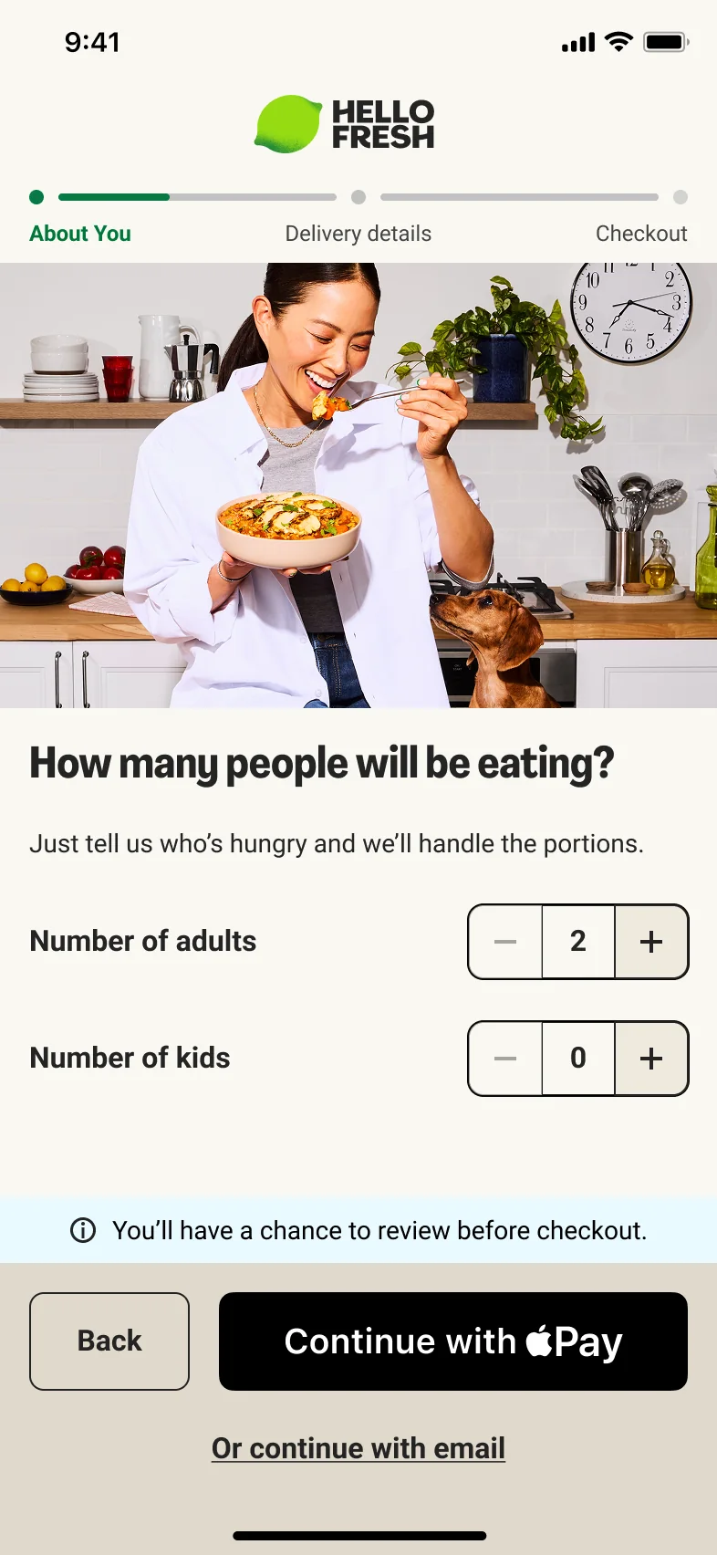 Step one: how many people will be eating, with a Continue with Apple Pay button