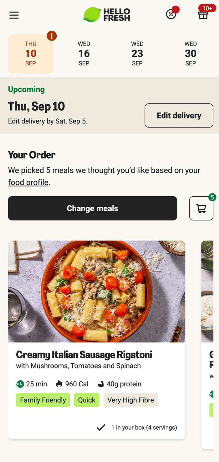The same confirmation on the mobile web menu, the dialog centred over the week&rsquo;s order