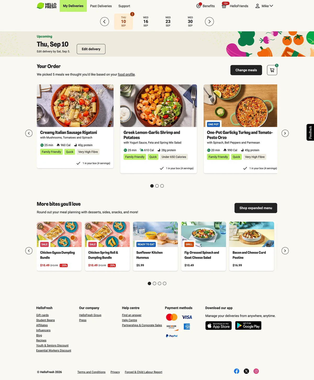 The HelloFresh web order page for Thursday 10 September, with a dialog over it: Order confirmed, delivery scheduled for Thu Sep 10, then Your friend would love one too, and a Send a free box button